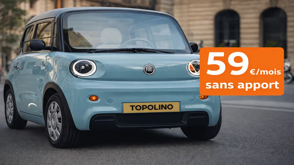 Fiat Topolino électrique garée en ville, souvent citée dans les offres de voiture à 59 euros par mois sans apport.