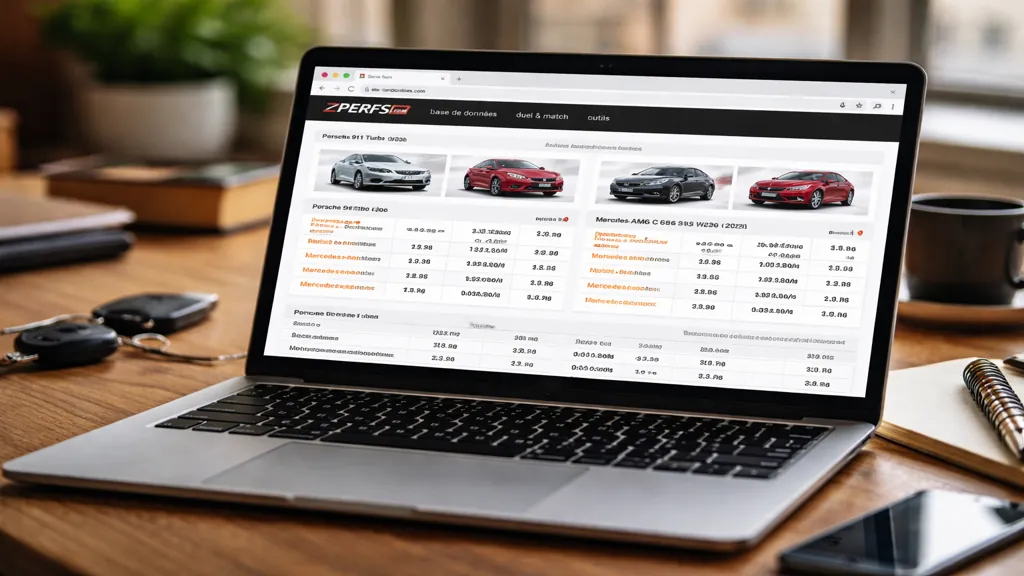 Comparaison des performances de voitures sur un ordinateur portable utilisant un site de données automobiles.