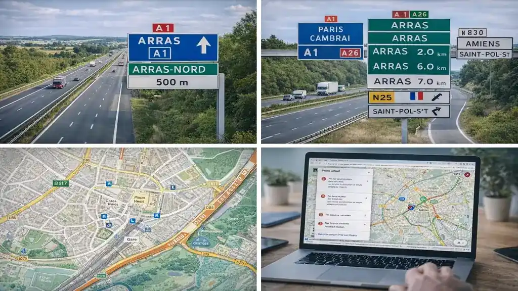 Accès routier vers Arras avec panneaux autoroutiers, carte de la ville et planification d’itinéraire sur GPS pour préparer son trajet.