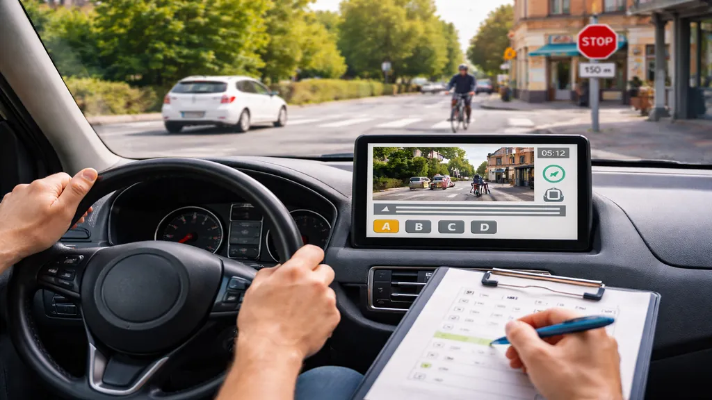 Vue intérieure d’une voiture dans une situation de conduite urbaine avec cycliste, passage piéton et écran de révision du code de la route.