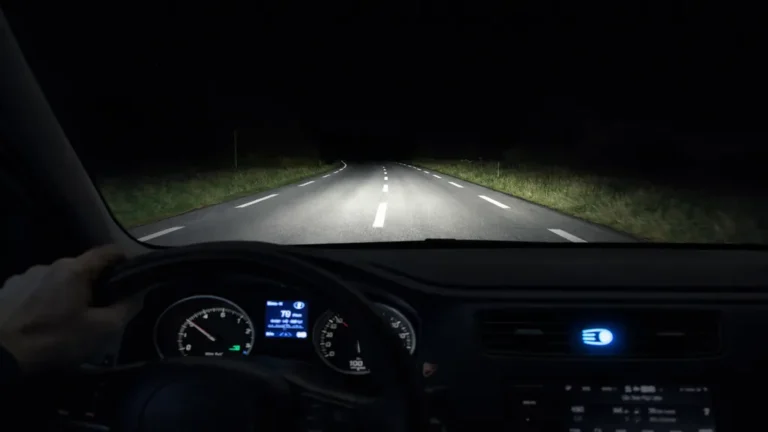 Conduite de nuit sur une route non éclairée avec feux de route activés illuminant la chaussée et le paysage.
