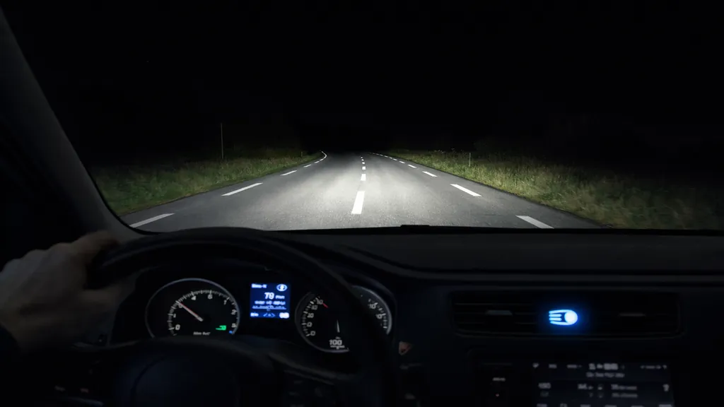 Conduite de nuit sur une route non éclairée avec feux de route activés illuminant la chaussée et le paysage.