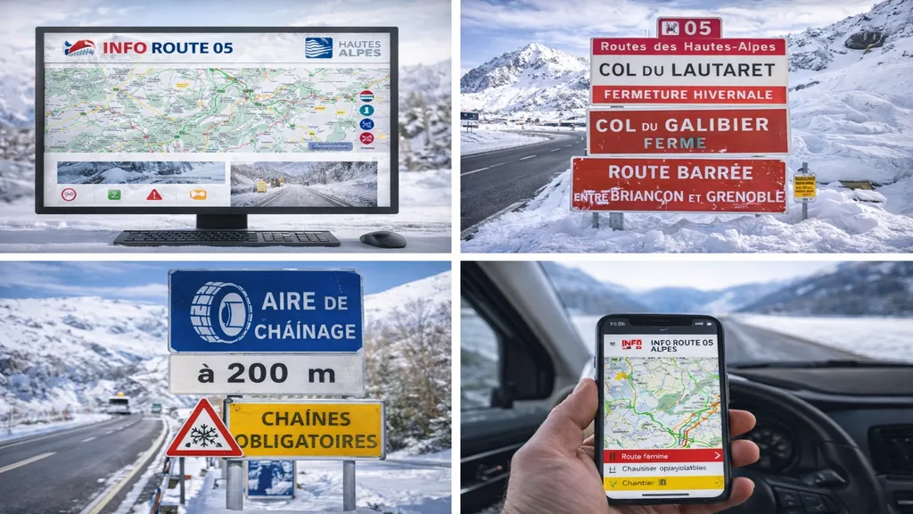 Conditions de circulation dans les Hautes-Alpes avec routes enneigées, panneaux de col fermé et accès montagne en hiver.