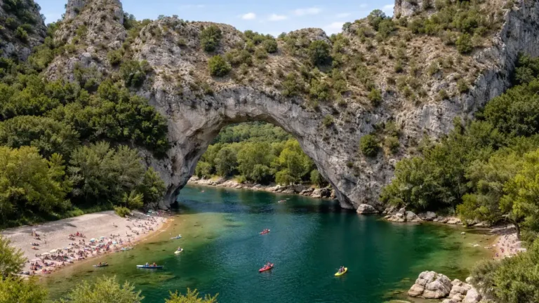 Vue réaliste du Pont d’Arc dans les gorges de l’Ardèche avec rivière turquoise, falaises calcaires et paysage naturel ensoleillé