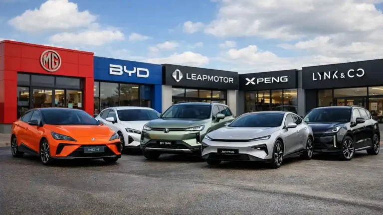 Vue réaliste de plusieurs voitures de marques chinoises vendues en France devant des concessions modernes, illustrant le marché automobile chinois en 2026.