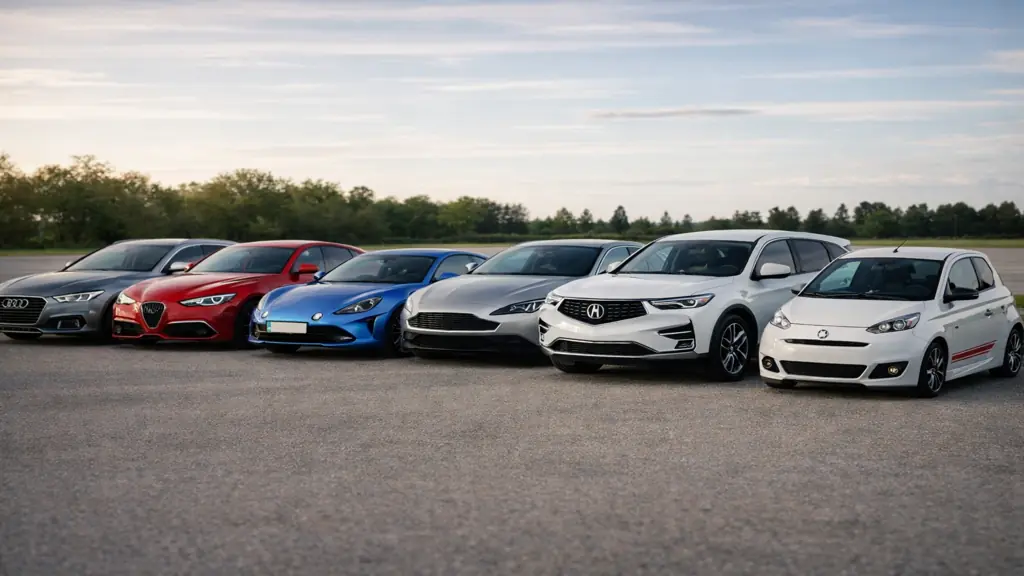 Alignement de voitures modernes et sportives représentant les marques automobiles commençant par la lettre A