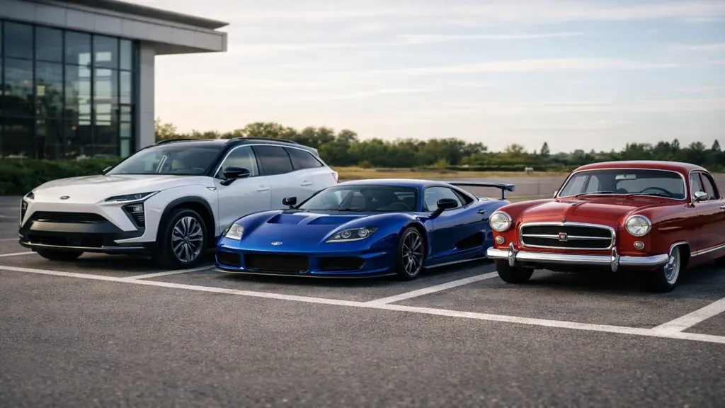 Plusieurs voitures modernes et anciennes alignées illustrant les marques automobiles commençant par la lettre N