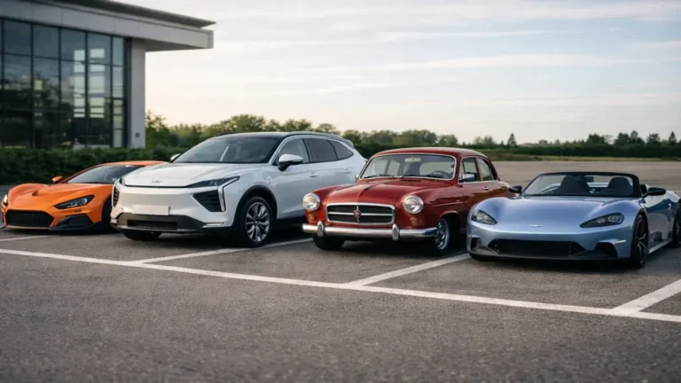 Voitures modernes et anciennes alignées représentant les marques automobiles commençant par la lettre Z