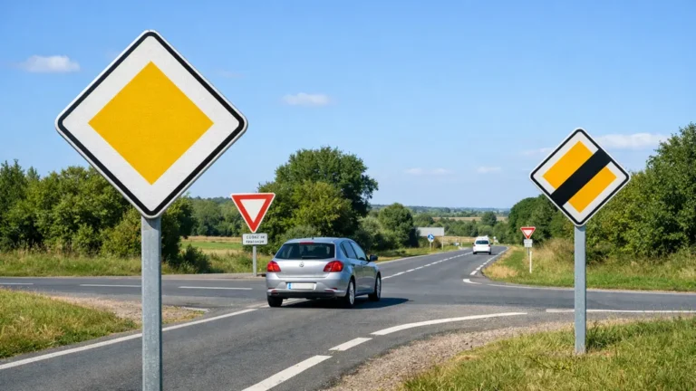 Panneaux AB6 et AB7 sur une route de campagne à une intersection, illustrant la route prioritaire et la fin de priorité.