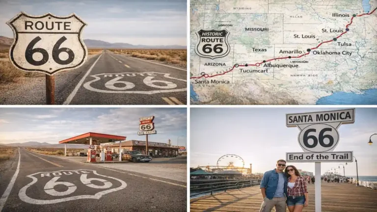 Route 66 aux États-Unis avec route désertique, station vintage et panneau Santa Monica symbolisant la fin du road trip.