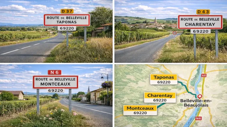 Routes de Belleville en Beaujolais traversant vignobles et villages entre Taponas, Charentay et Montceaux avec paysage rural.