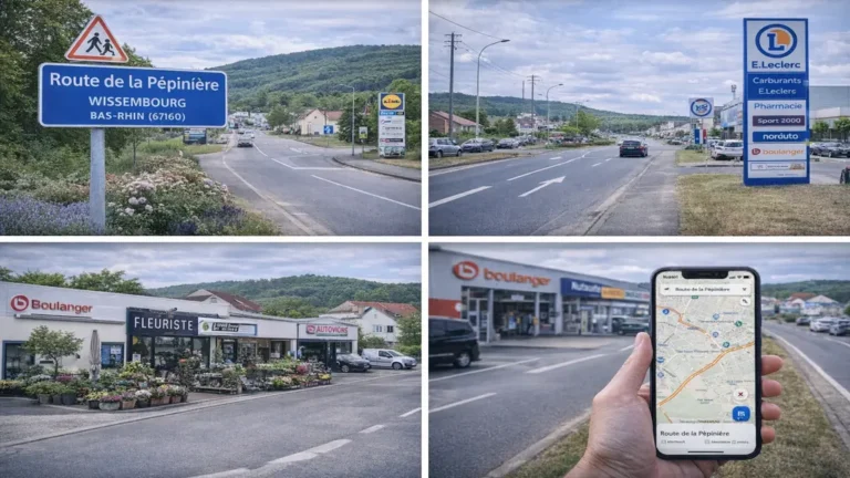 Route de la Pépinière à Wissembourg avec commerces, route principale, parkings et environnement résidentiel en Alsace.