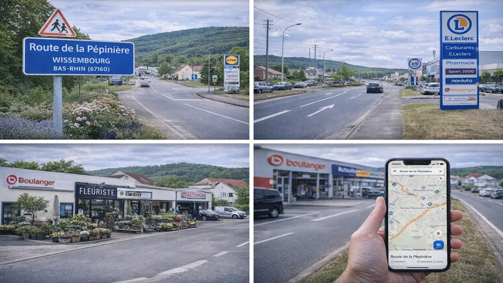 Route de la Pépinière à Wissembourg avec commerces, route principale, parkings et environnement résidentiel en Alsace.