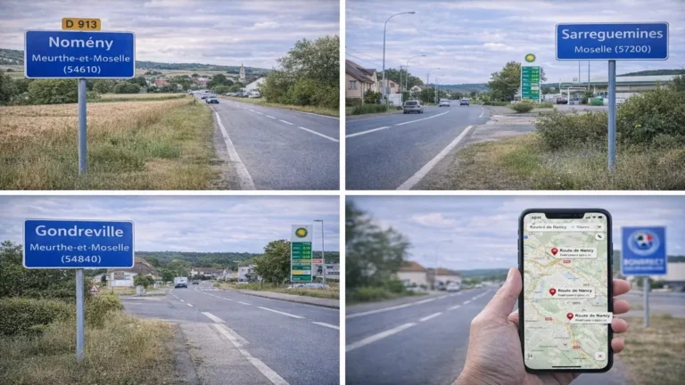 Différentes routes de Nancy en Lorraine avec panneaux de villages, routes départementales et localisation GPS sur smartphone.