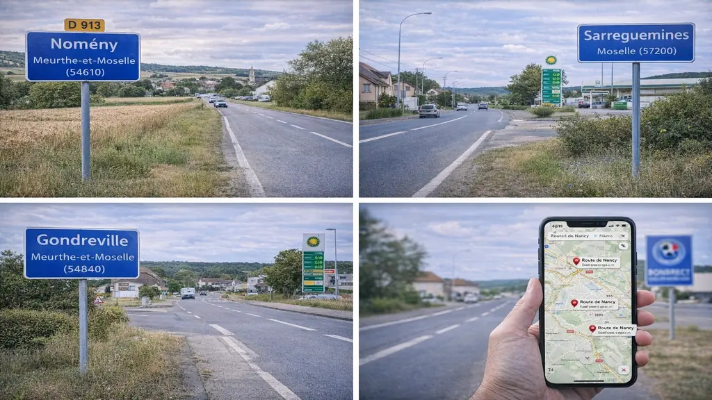 Différentes routes de Nancy en Lorraine avec panneaux de villages, routes départementales et localisation GPS sur smartphone.