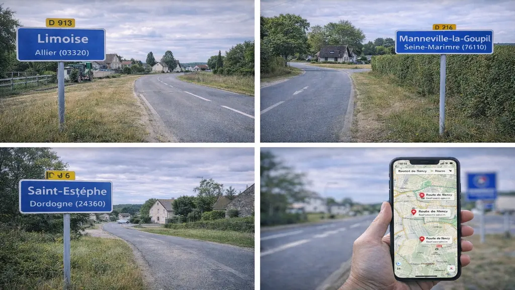 Routes des Ormes dans plusieurs communes rurales françaises avec routes de village, paysages de campagne et repérage GPS.