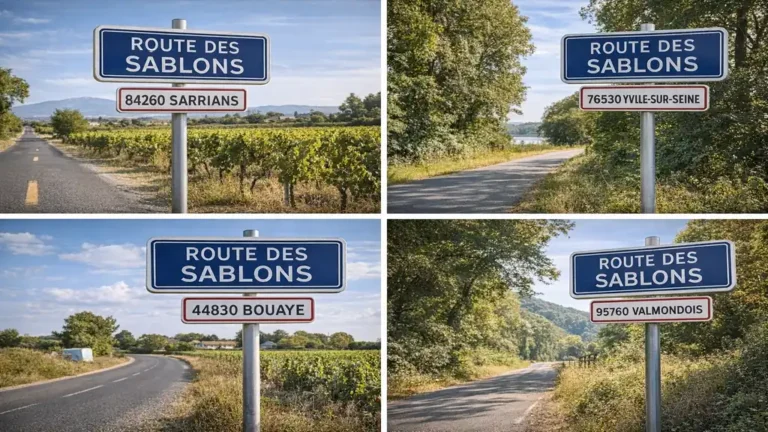 Routes des Sablons en France dans plusieurs communes, avec routes rurales bordées de végétation et paysages résidentiels ou agricoles.
