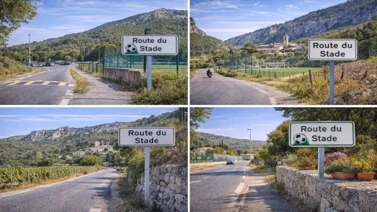 Route du Stade dans le sud-est de la France avec route de village, panneaux routiers, terrain de sport et paysage provençal entre collines et maisons.