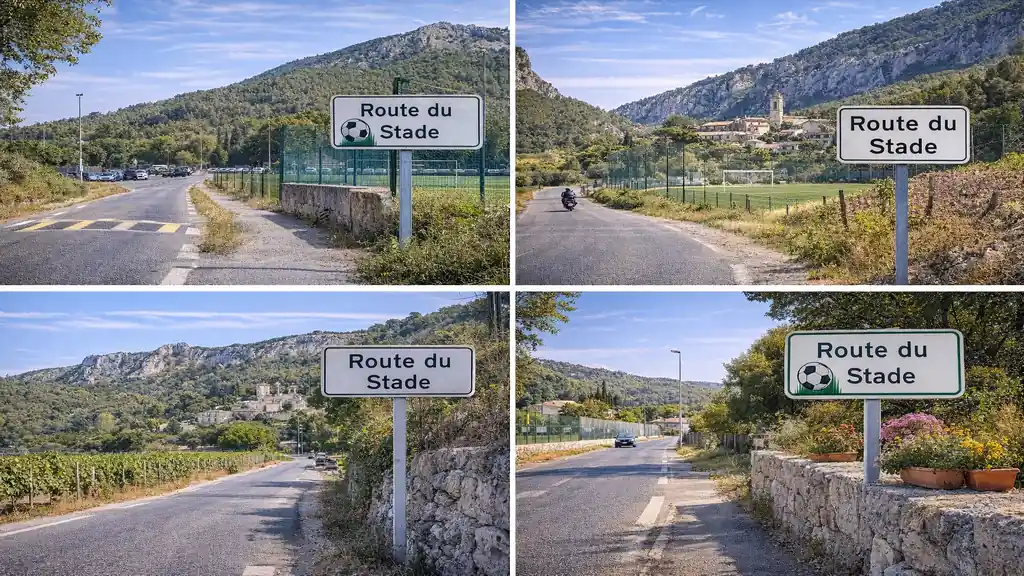 Route du Stade dans le sud-est de la France avec route de village, panneaux routiers, terrain de sport et paysage provençal entre collines et maisons.