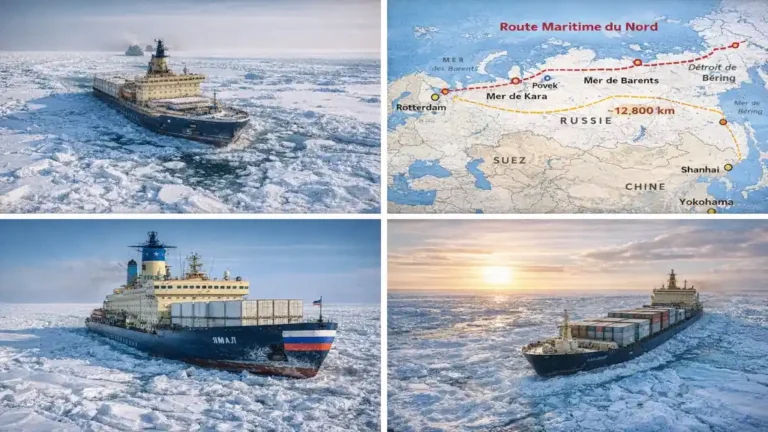 Route maritime du Nord avec brise-glace naviguant dans la banquise arctique et cargos transportant des marchandises entre Europe et Asie