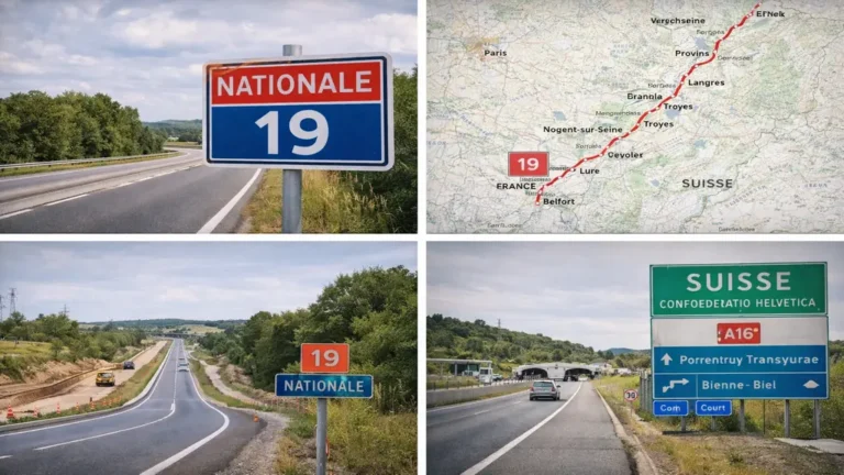 Route nationale 19 en France avec chaussée à deux voies, aménagements routiers et axe reliant l’est du pays jusqu’à la frontière suisse.
