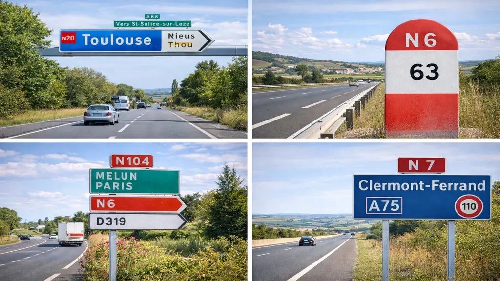 Routes nationales françaises avec signalisation rouge et circulation sur des axes interurbains à travers paysages ruraux.