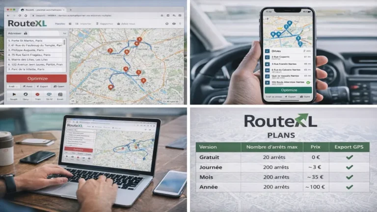 Outil RouteXL affiché sur ordinateur et smartphone avec optimisation d’itinéraire multi-adresses et carte de tournée
