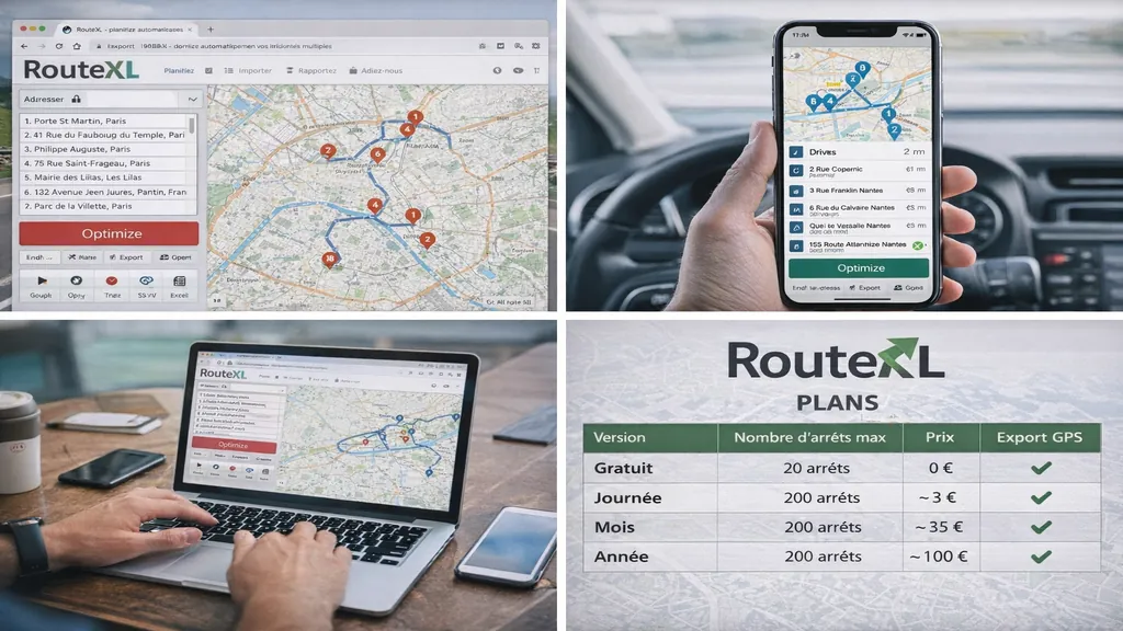 Outil RouteXL affiché sur ordinateur et smartphone avec optimisation d’itinéraire multi-adresses et carte de tournée