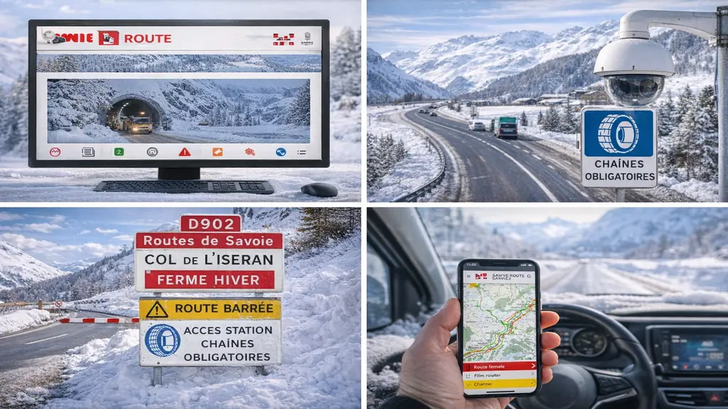 Routes enneigées de Savoie avec circulation en montagne, accès station et conditions hivernales sur les axes alpins.