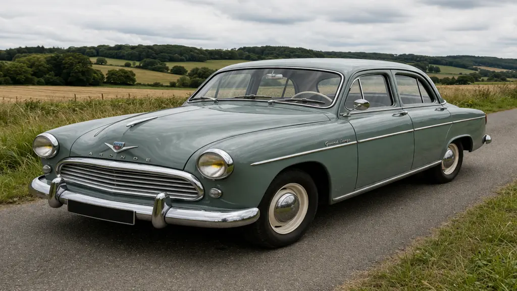 Simca Aronde vintage des années 1950 stationnée sur une route de campagne illustrant une voiture de collection française emblématique