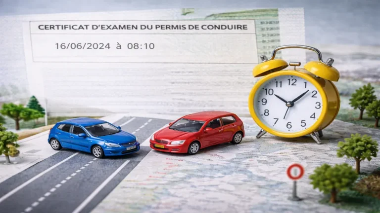 Certificat de réussite au code de la route posé sur une carte avec réveil et voitures miniatures illustrant la durée de validité avant le permis.